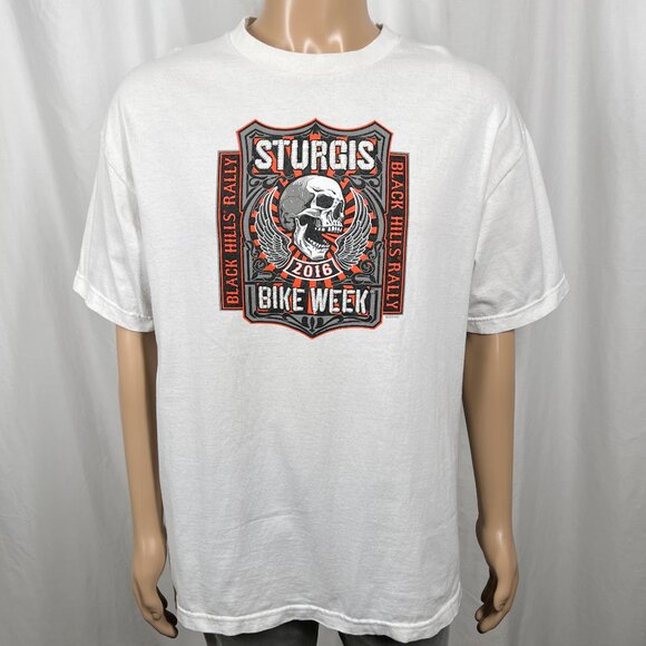 Hot Leathers Men's XL White Orange 2016 Sturgis Bike Week Skull Graphic T-Shirt - Picture 1 of 7